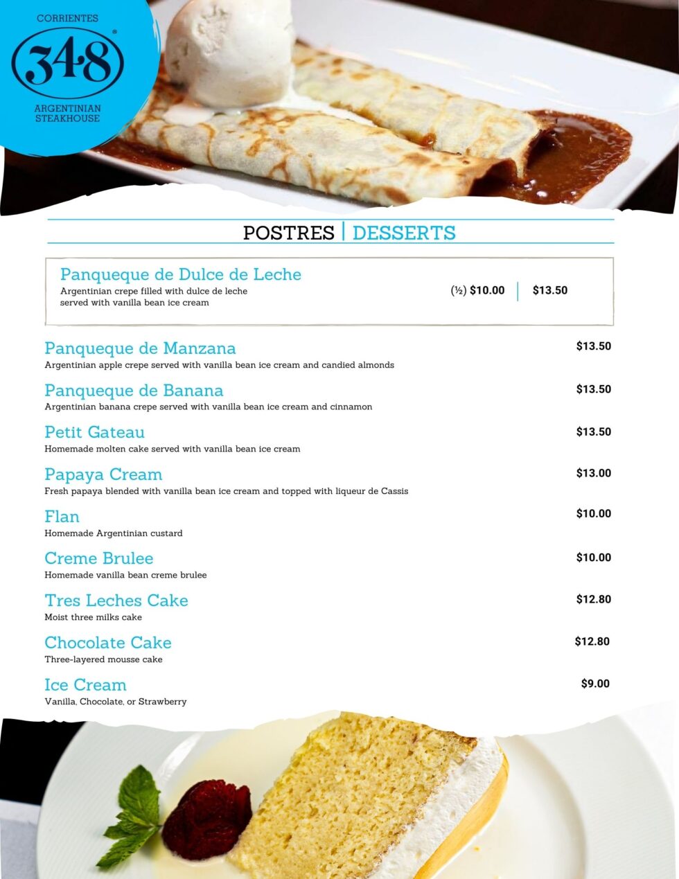 Dessert Menu Dallas Corrientes 348 Argentinian Steakhouse in Dallas